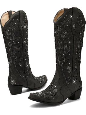 Women's Black Comfortable Chunky Rhinestone Sparkle Glitter Heel Western Boots